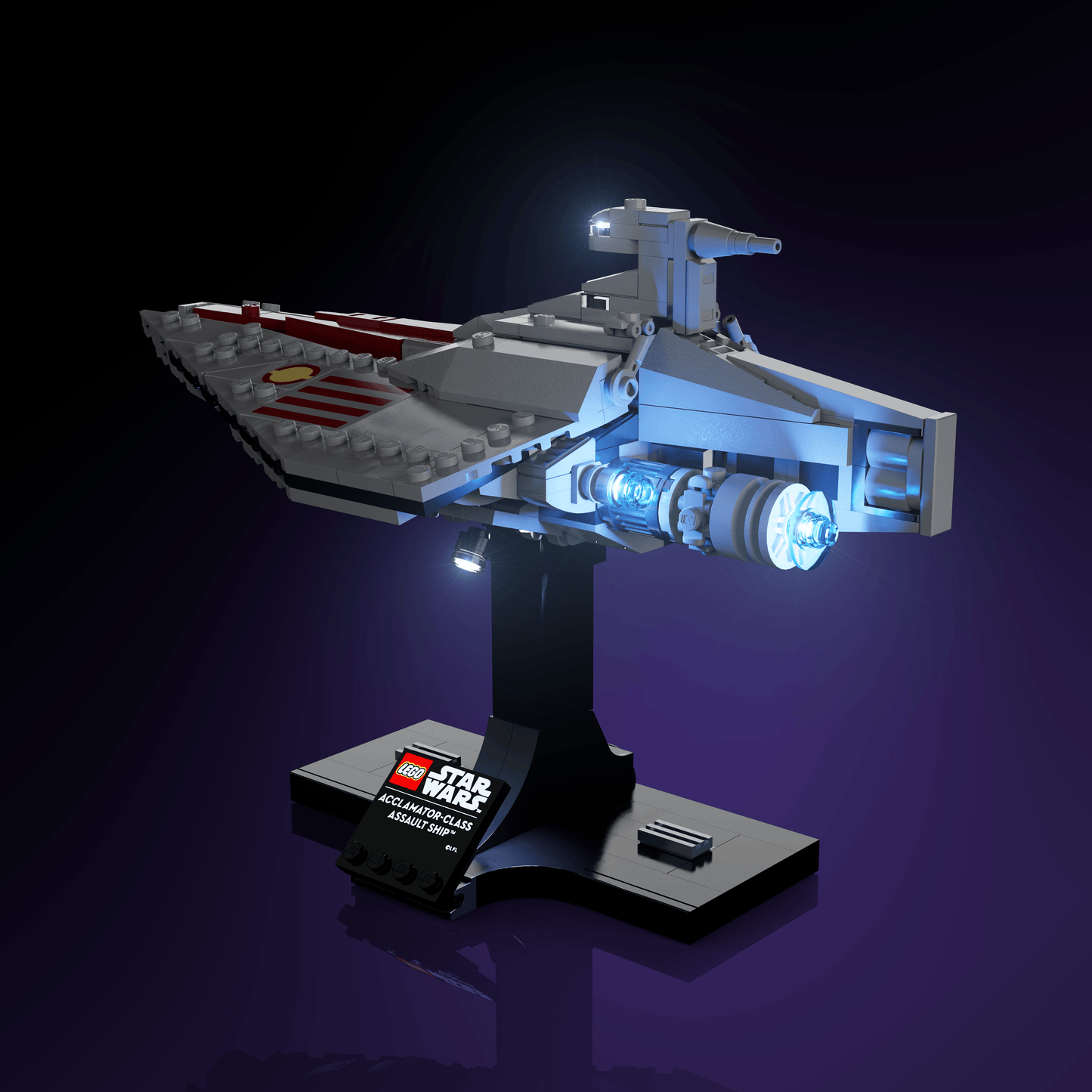 LED light kit for LEGO Acclamator-Class Assault Ship model with USB and battery powered glow upgrade for adult builders display