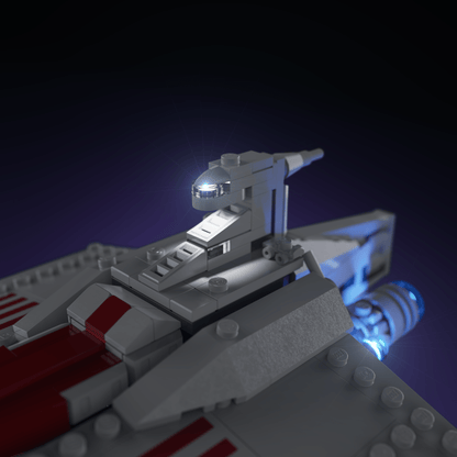 light kit for the LEGO Acclamator-Class Assault Ship build illuminates structural depth windows and decorative detail for display