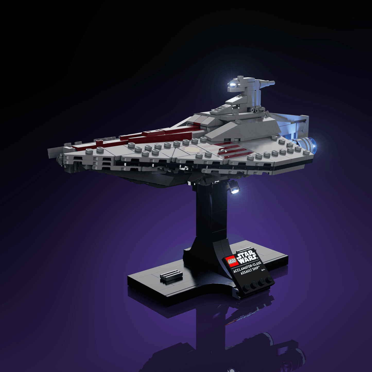 lighting kit for LEGO Acclamator-Class Assault Ship adds illuminated windows interiors and detail to the finished build for shelf display