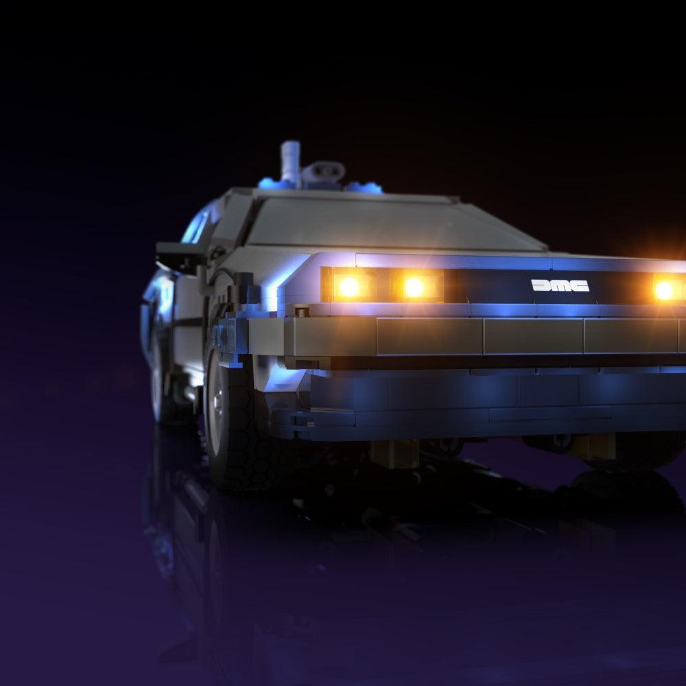 lighting kit for LEGO Back to the Future Time Machine adds illuminated windows interiors and detail to the finished build for shelf display