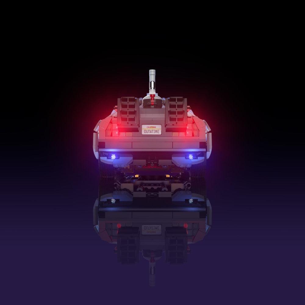 light kit for the LEGO Back to the Future Time Machine build illuminates structural depth windows and decorative detail for display
