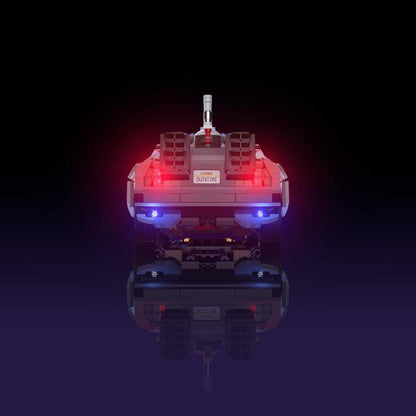 light kit for the LEGO Back to the Future Time Machine build illuminates structural depth windows and decorative detail for display