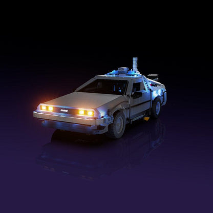lighting kit for LEGO Back to the Future Time Machine adds illuminated windows interiors and detail to the finished build for shelf display