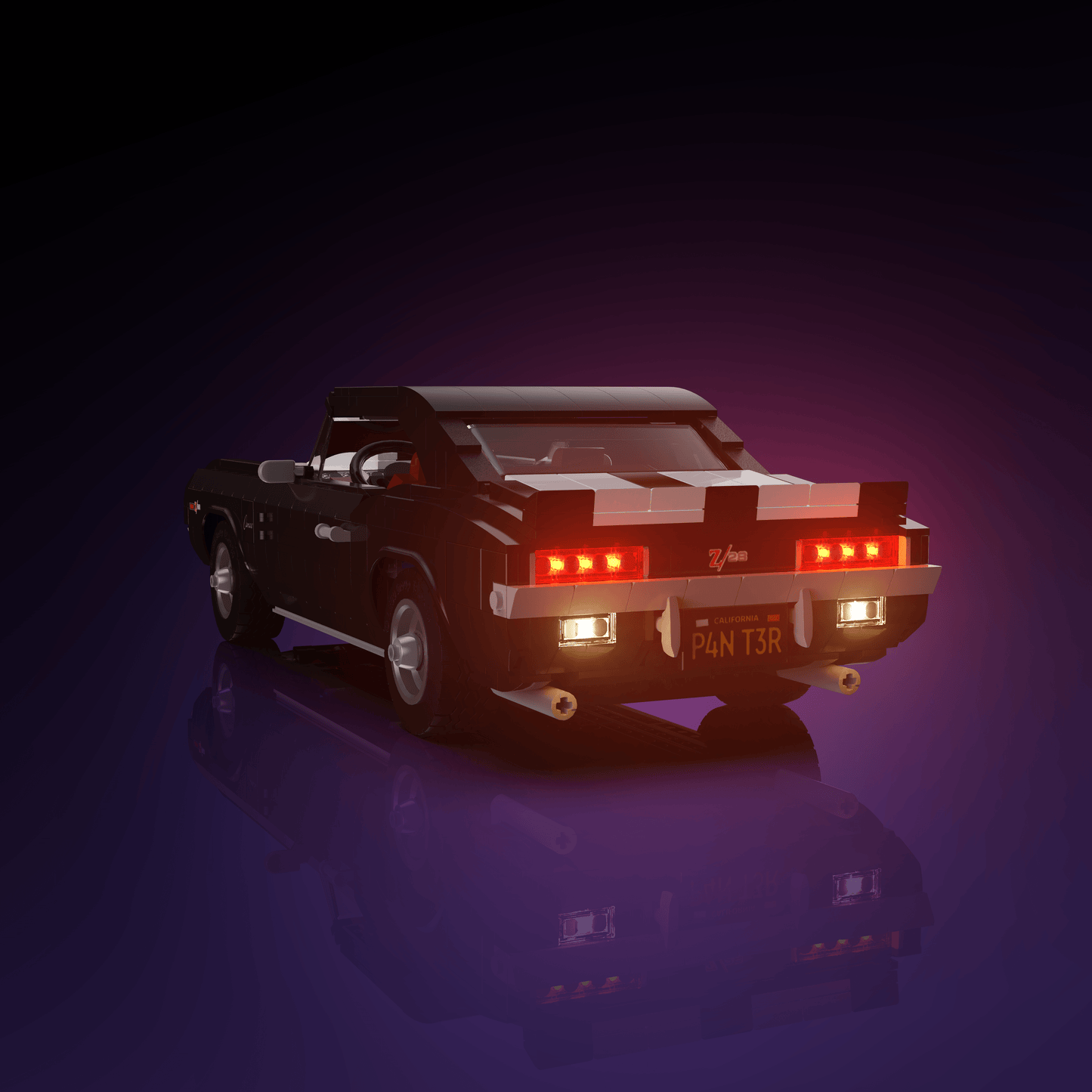 lighting kit for LEGO Chevrolet Camaro Z28 adds illuminated windows interiors and detail to the finished build for shelf display