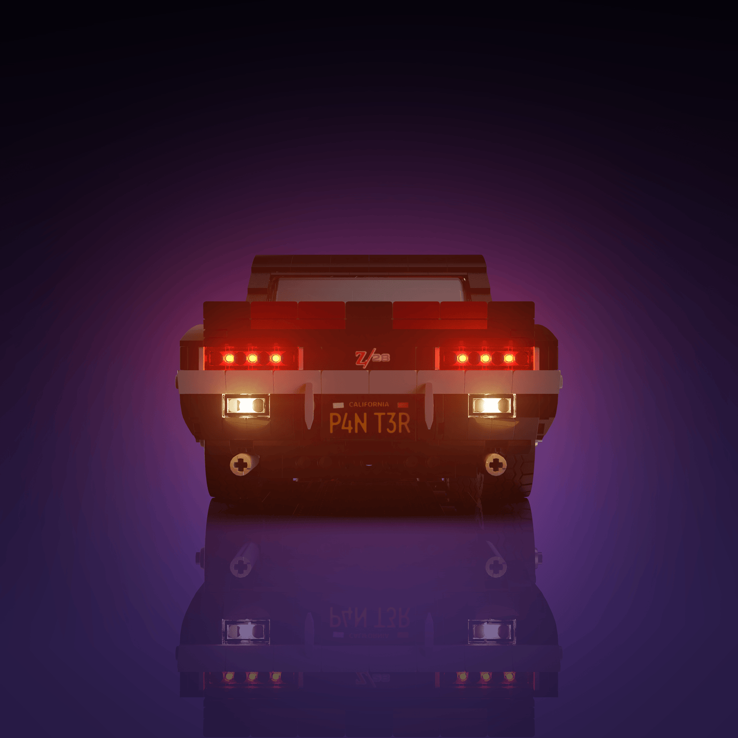 light kit for the LEGO Chevrolet Camaro Z28 build illuminates structural depth windows and decorative detail for display