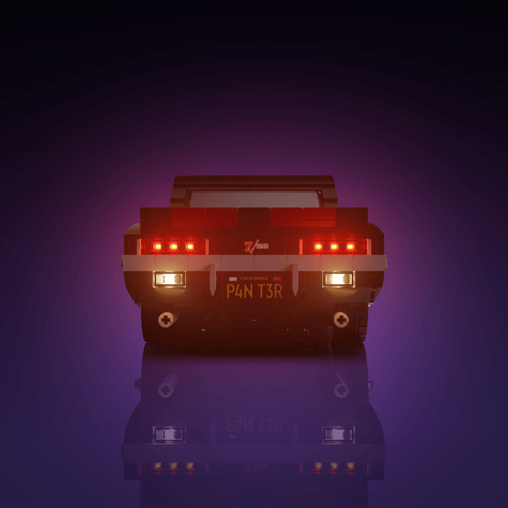 light kit for the LEGO Chevrolet Camaro Z28 build illuminates structural depth windows and decorative detail for display