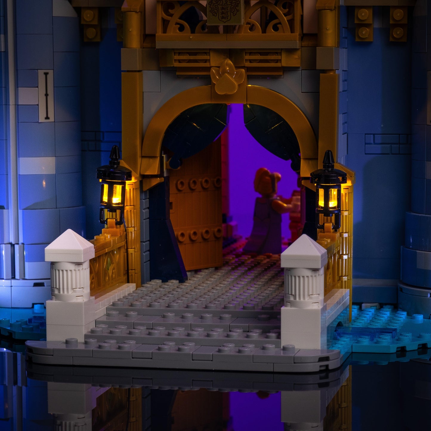 lighting kit for LEGO Disney Castle adds illuminated windows interiors and detail to the finished build for shelf display