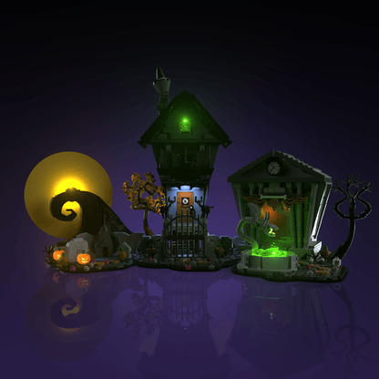 lighting kit for LEGO Disney Tim Burton The Nightmare Before Christmas adds illuminated windows interiors and detail to the finished build for shelf display