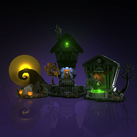 lighting kit for LEGO Disney Tim Burton The Nightmare Before Christmas adds illuminated windows interiors and detail to the finished build for shelf display