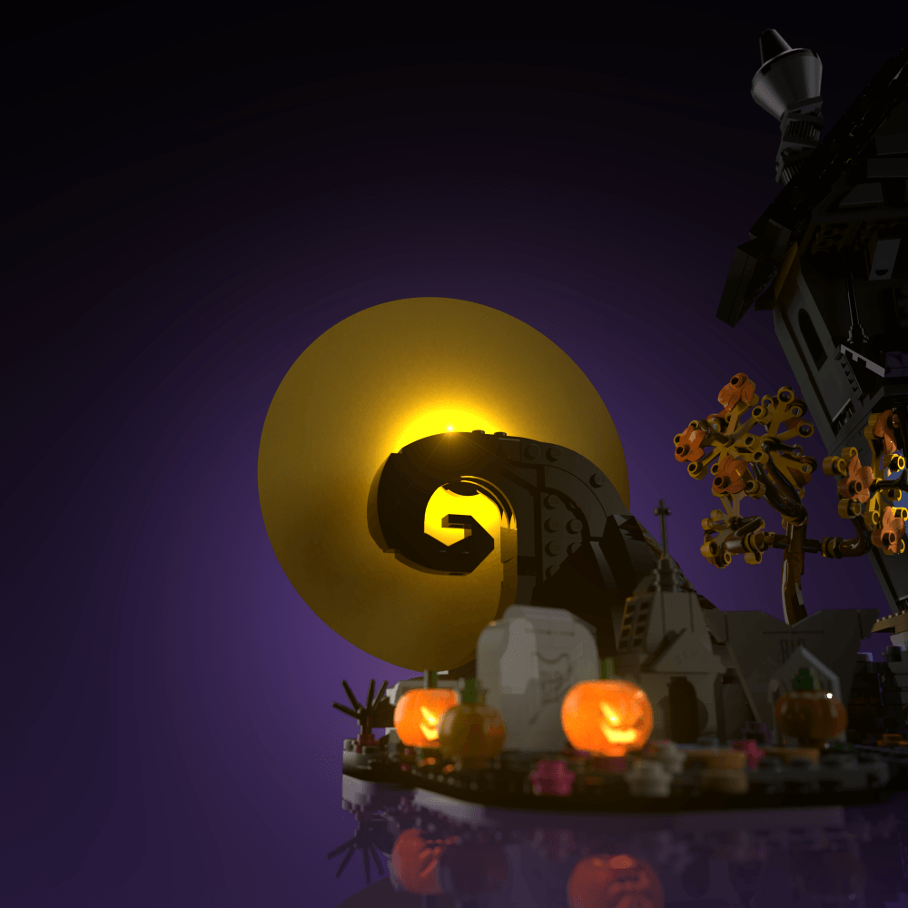 light kit for the LEGO Disney Tim Burton The Nightmare Before Christmas build illuminates structural depth windows and decorative detail for display