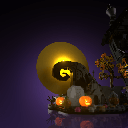 light kit for the LEGO Disney Tim Burton The Nightmare Before Christmas build illuminates structural depth windows and decorative detail for display
