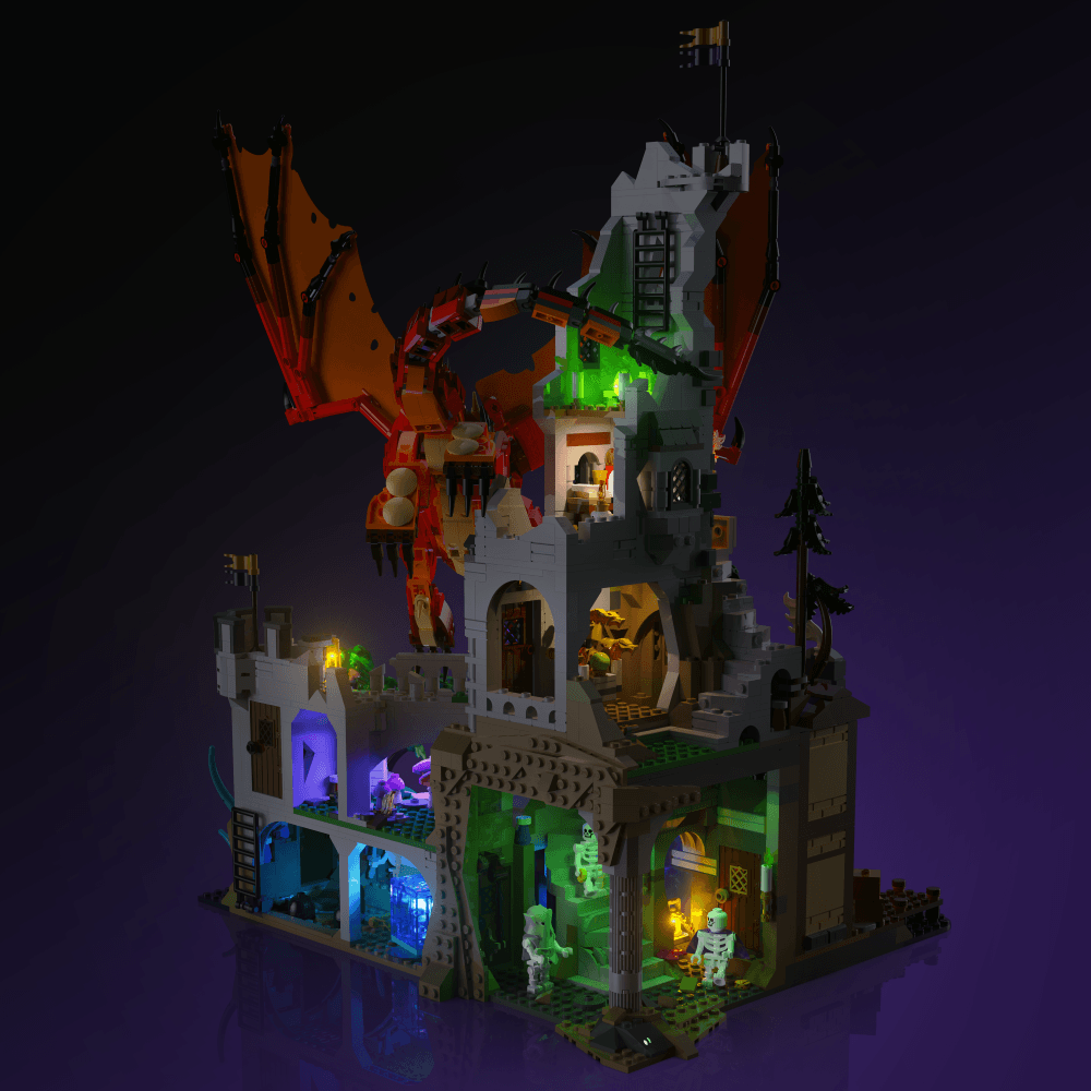 lighting kit for LEGO Dungeons & Dragons: Red Dragon Tale adds illuminated windows interiors and detail to the finished build for shelf display