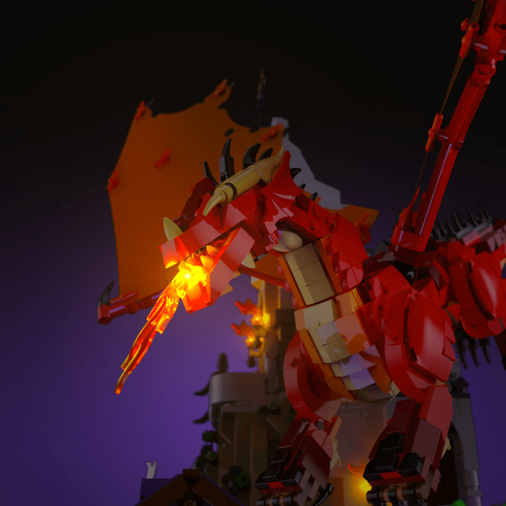 light kit for the LEGO Dungeons & Dragons: Red Dragon Tale build illuminates structural depth windows and decorative detail for display