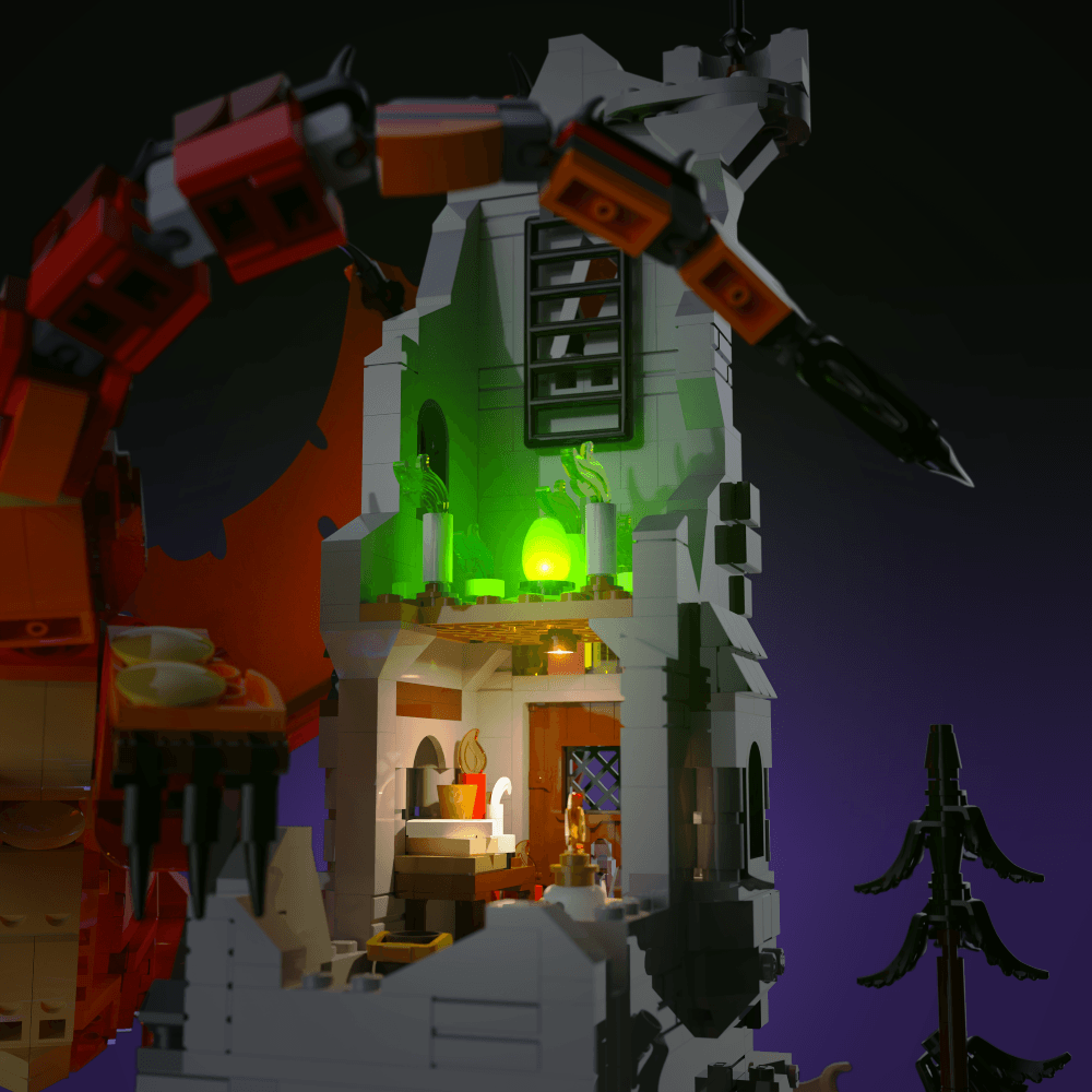 lighting kit for LEGO Dungeons & Dragons: Red Dragon Tale adds illuminated windows interiors and detail to the finished build for shelf display