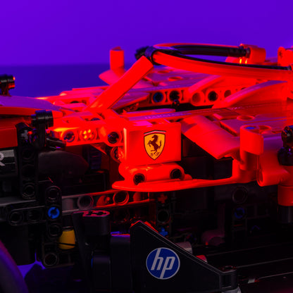 light kit for the LEGO Ferrari SF-24 F1 Car build illuminates structural depth windows and decorative detail for display
