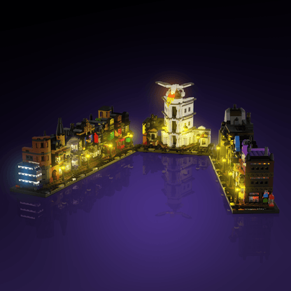 lighting kit for LEGO Harry Potter Diagon Alley Wizarding Shops adds illuminated windows interiors and detail to the finished build for shelf display