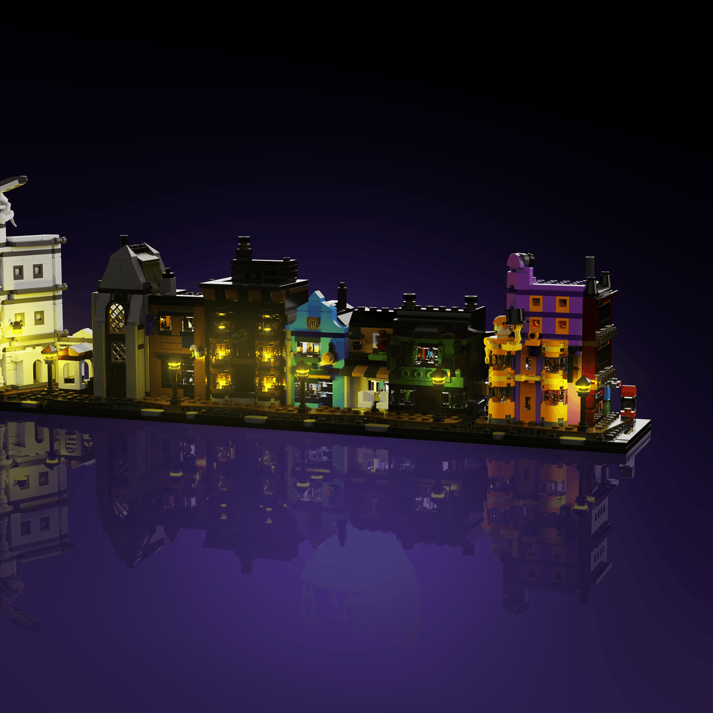 light kit for the LEGO Harry Potter Diagon Alley Wizarding Shops build illuminates structural depth windows and decorative detail for display