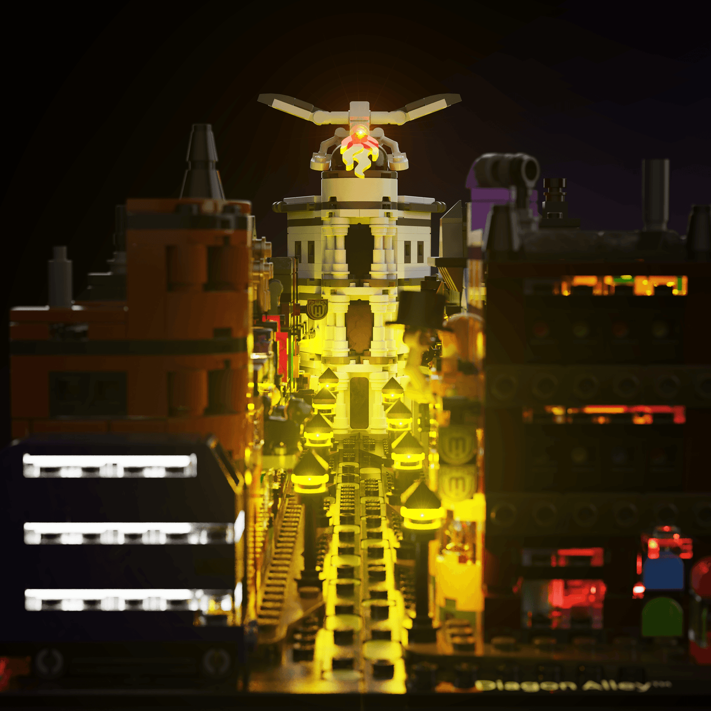 lighting kit for LEGO Harry Potter Diagon Alley Wizarding Shops adds illuminated windows interiors and detail to the finished build for shelf display