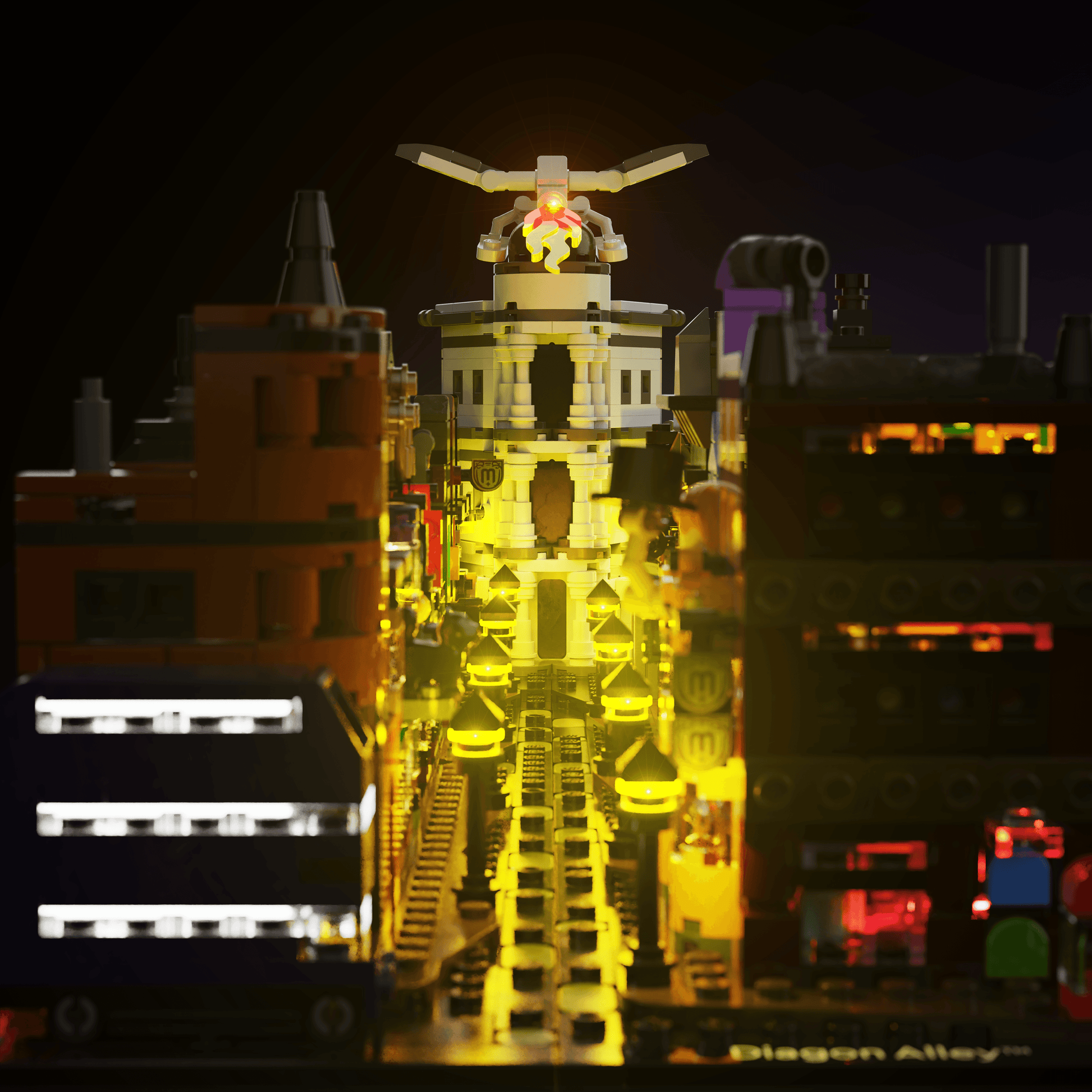 lighting kit for LEGO Harry Potter Diagon Alley Wizarding Shops adds illuminated windows interiors and detail to the finished build for shelf display