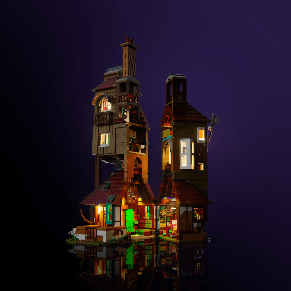 light kit for the LEGO Harry Potter The Burrow - Collectors' Edition build illuminates structural depth windows and decorative detail for display