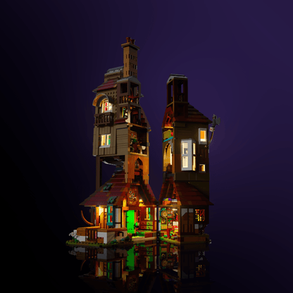 light kit for the LEGO Harry Potter The Burrow - Collectors' Edition build illuminates structural depth windows and decorative detail for display