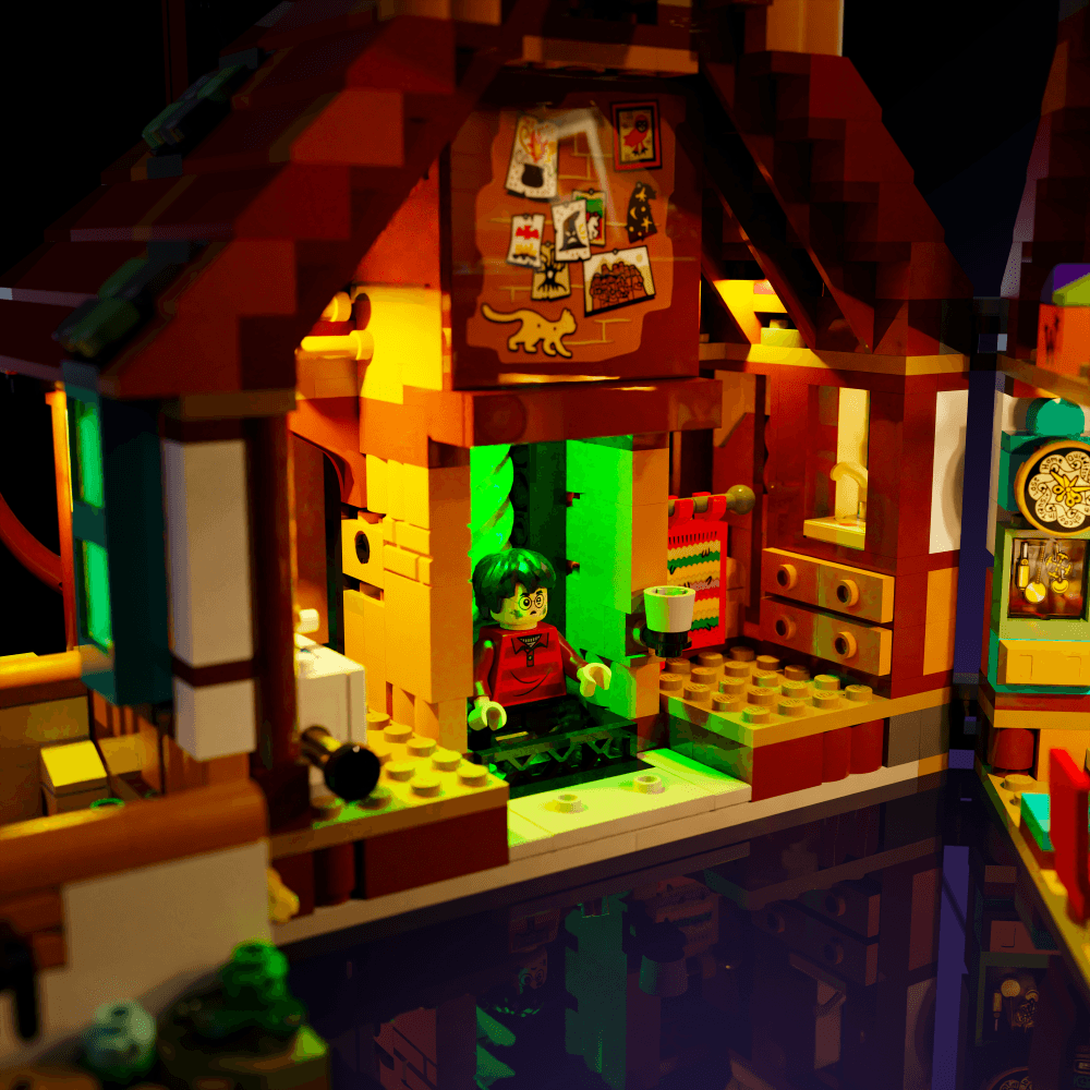 lighting kit for LEGO Harry Potter The Burrow - Collectors' Edition adds illuminated windows interiors and detail to the finished build for shelf display