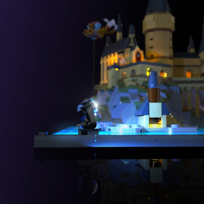 light kit for the LEGO Hogwarts Castle & Grounds build illuminates structural depth windows and decorative detail for display