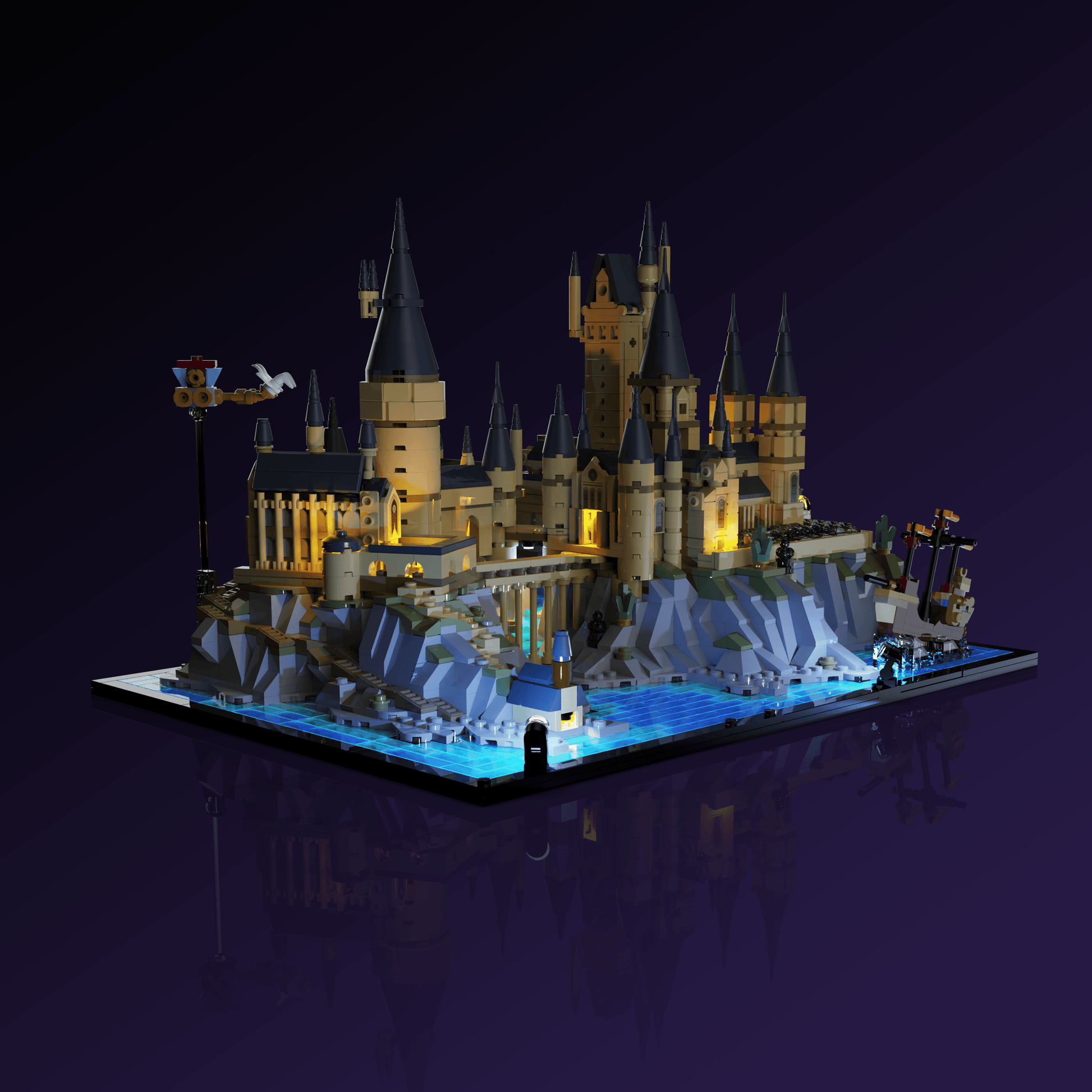 lighting kit for LEGO Hogwarts Castle & Grounds adds illuminated windows interiors and detail to the finished build for shelf display
