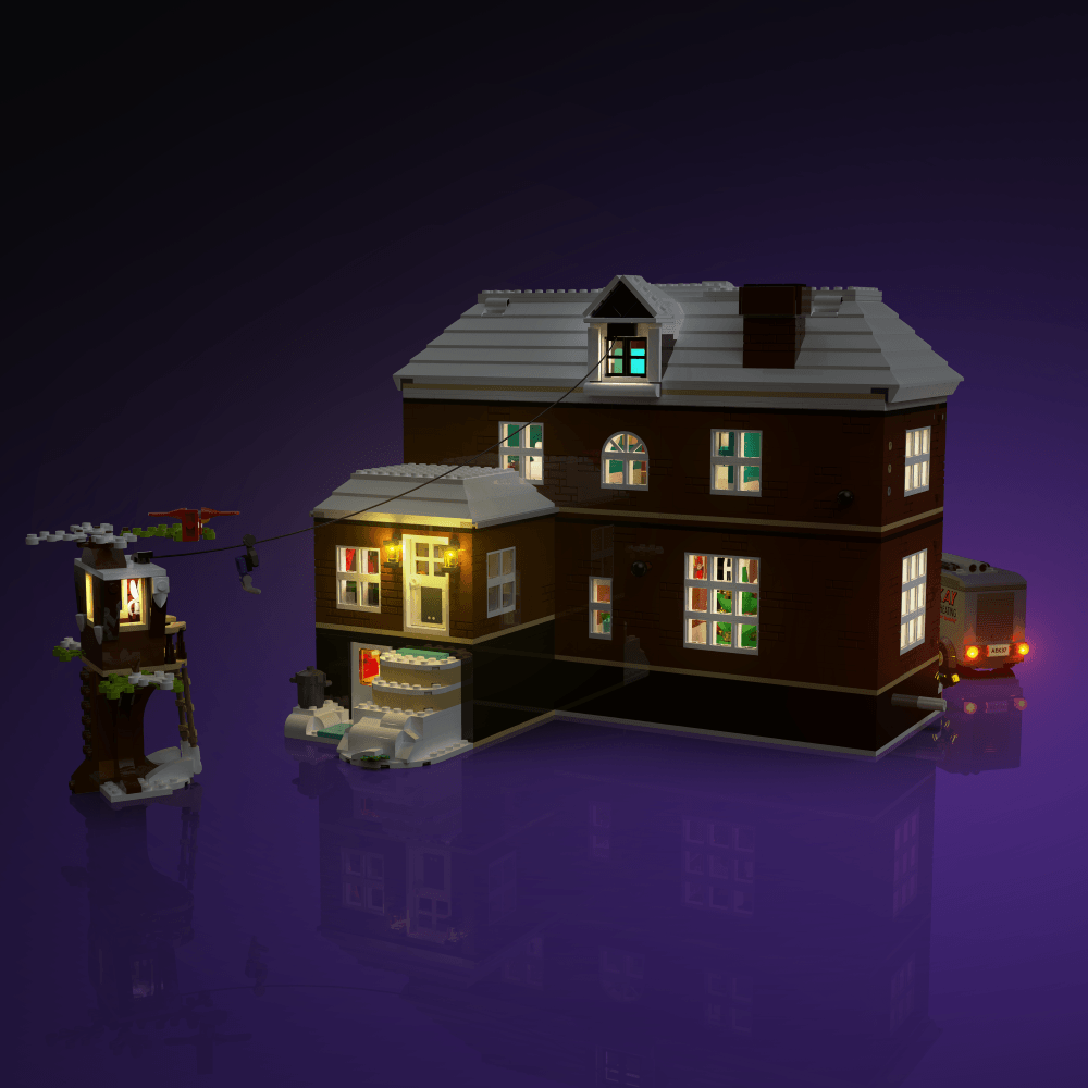 lighting kit for LEGO Home Alone adds illuminated windows interiors and detail to the finished build for shelf display