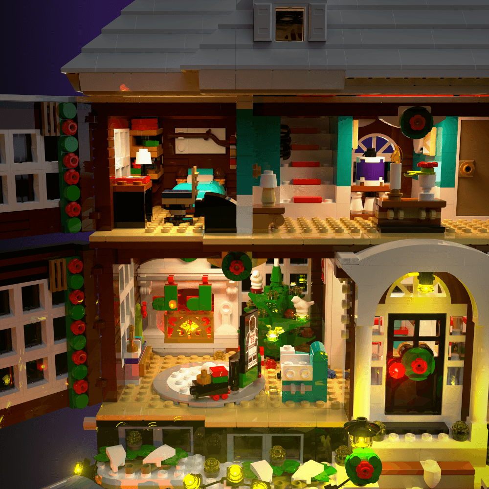 light kit for the LEGO Home Alone build illuminates structural depth windows and decorative detail for display