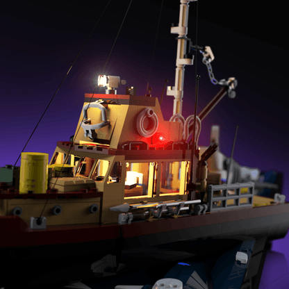 light kit for the LEGO Jaws build illuminates structural depth windows and decorative detail for display