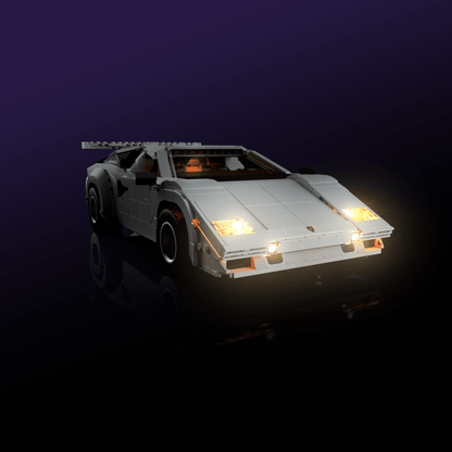 lighting kit for LEGO Lamborghini Countach 5000 Quattrovalvole adds illuminated windows interiors and detail to the finished build for shelf display