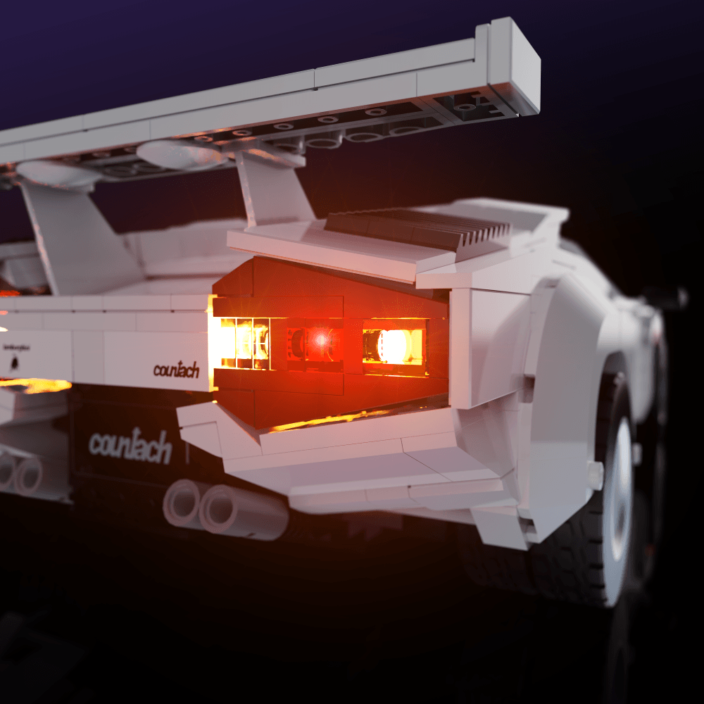 light kit for the LEGO Lamborghini Countach 5000 Quattrovalvole build illuminates structural depth windows and decorative detail for display