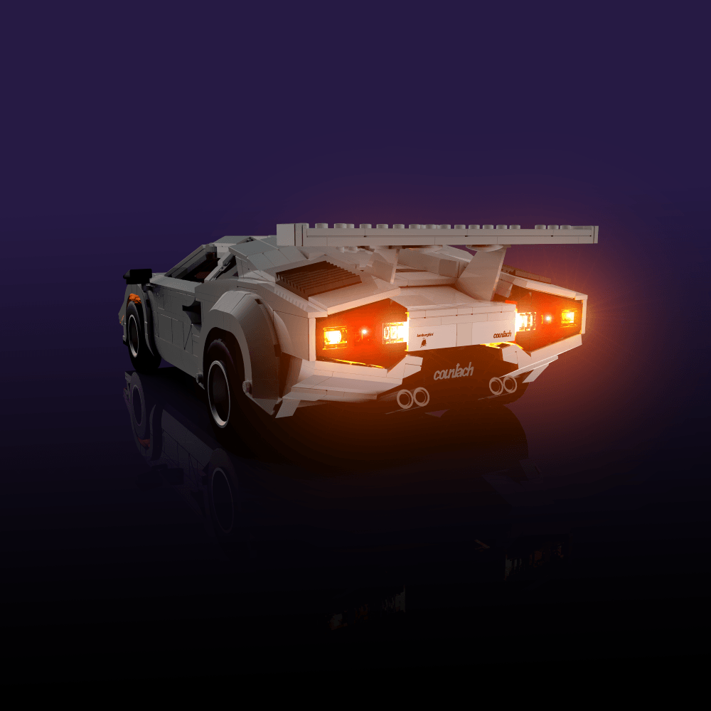 lighting kit for LEGO Lamborghini Countach 5000 Quattrovalvole adds illuminated windows interiors and detail to the finished build for shelf display