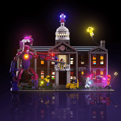 lighting kit for LEGO Marvel X-Men: The Mansion adds illuminated windows interiors and detail to the finished build for shelf display