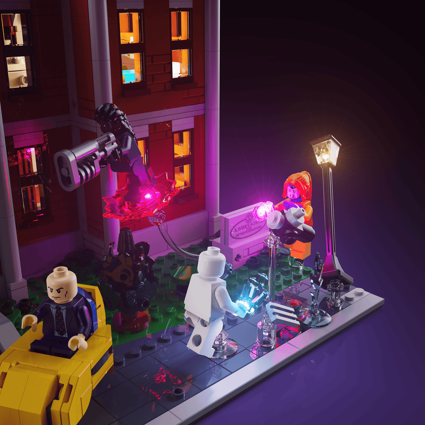 light kit for the LEGO Marvel X-Men: The Mansion build illuminates structural depth windows and decorative detail for display