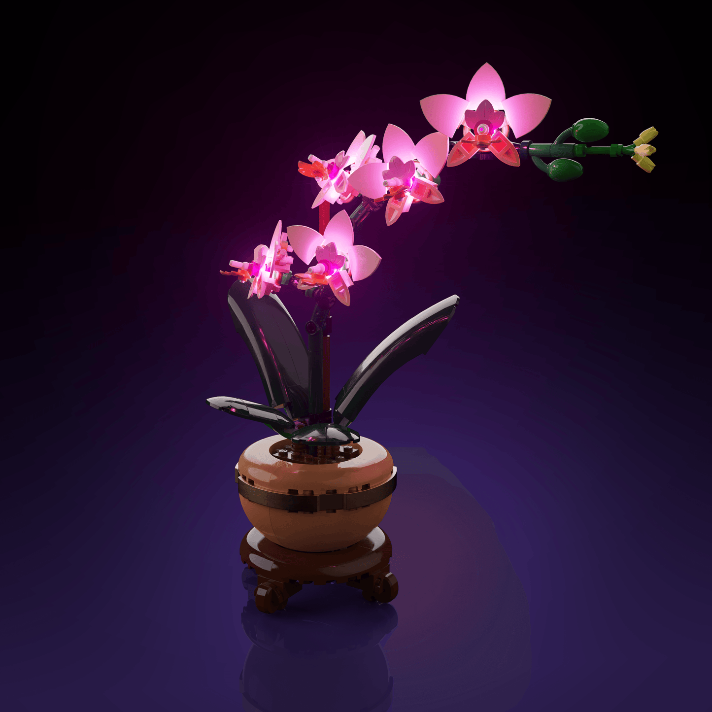 lighting kit for LEGO Mini Orchid adds illuminated windows interiors and detail to the finished build for shelf display