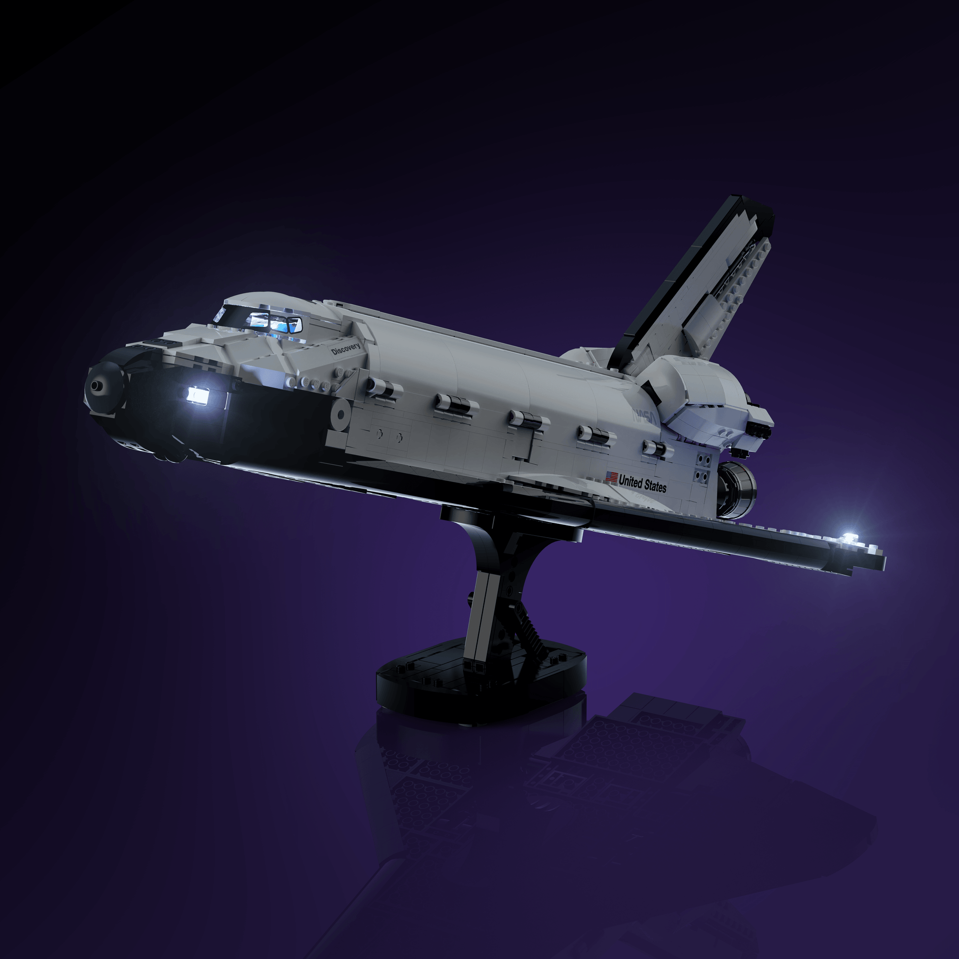lighting kit for LEGO NASA Space Shuttle Discovery adds illuminated windows interiors and detail to the finished build for shelf display