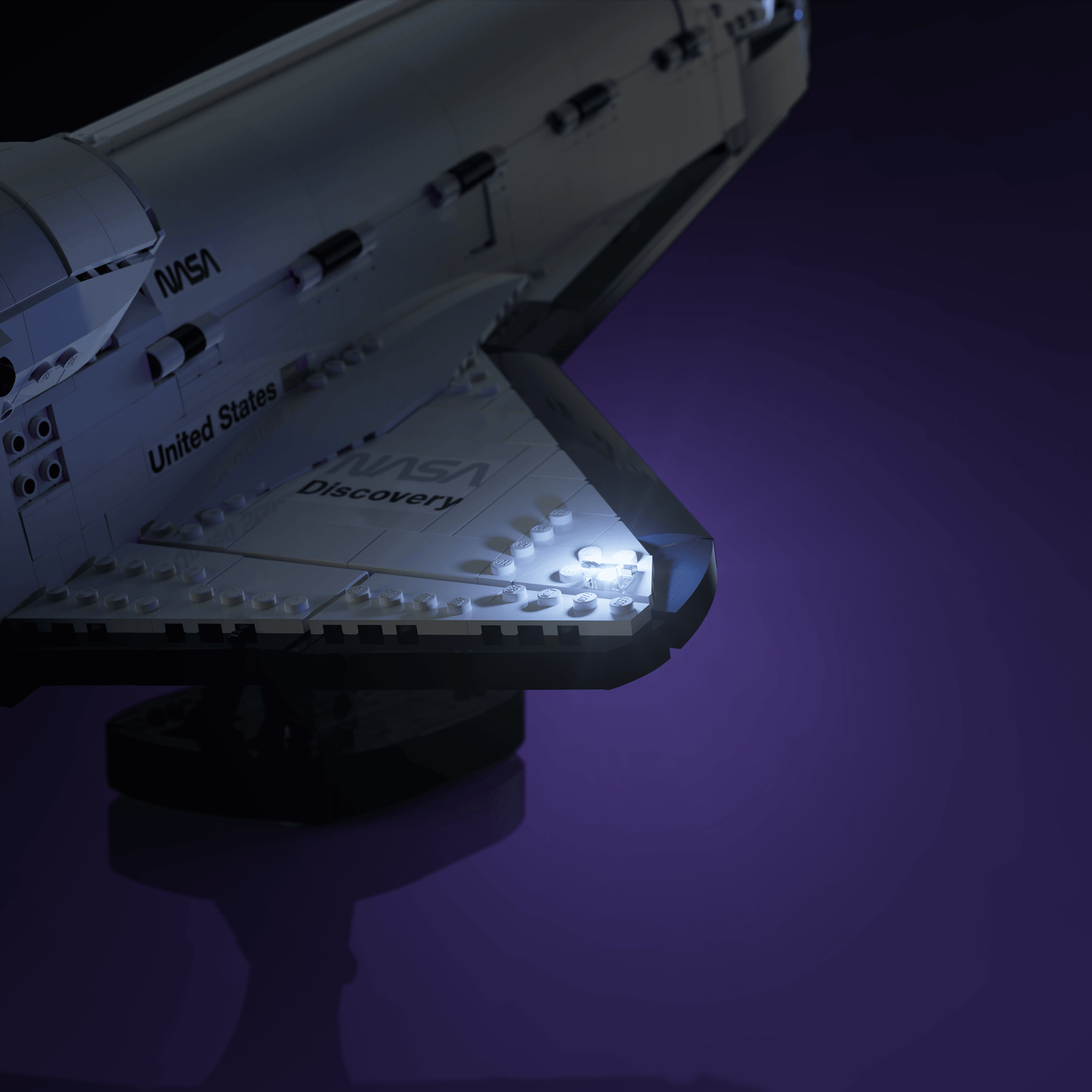 lighting kit for LEGO NASA Space Shuttle Discovery adds illuminated windows interiors and detail to the finished build for shelf display