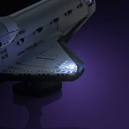 lighting kit for LEGO NASA Space Shuttle Discovery adds illuminated windows interiors and detail to the finished build for shelf display