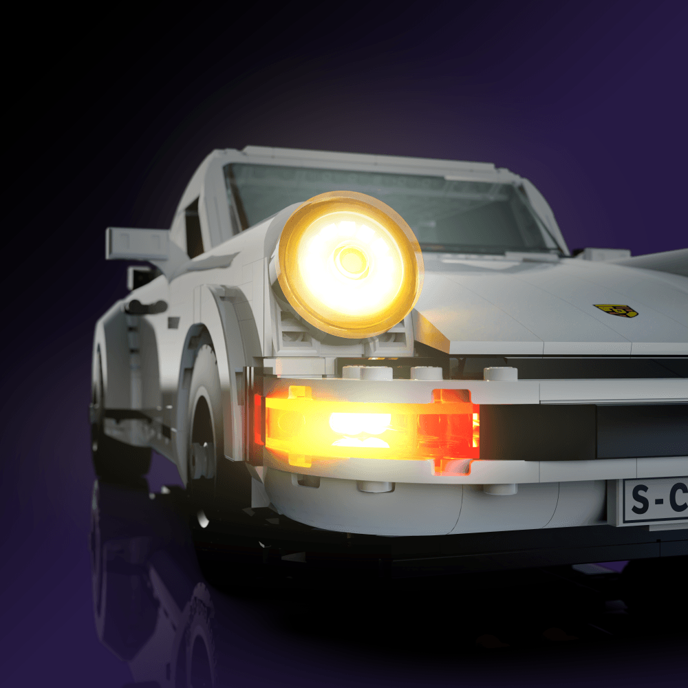 light kit for the LEGO Porsche 911 build illuminates structural depth windows and decorative detail for display