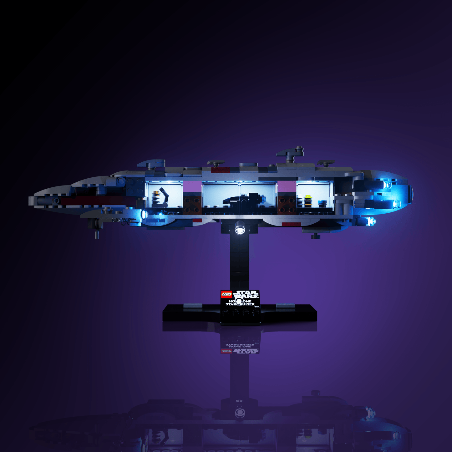 light kit for the LEGO Star Wars Home One Starcruiser build illuminates structural depth windows and decorative detail for display