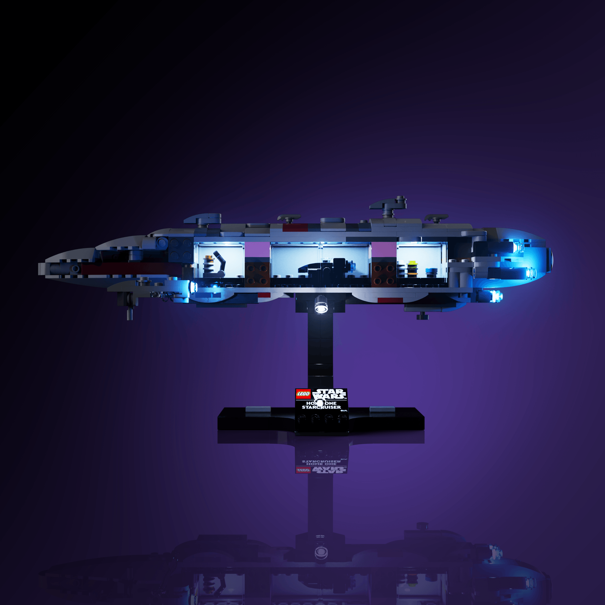 light kit for the LEGO Star Wars Home One Starcruiser build illuminates structural depth windows and decorative detail for display