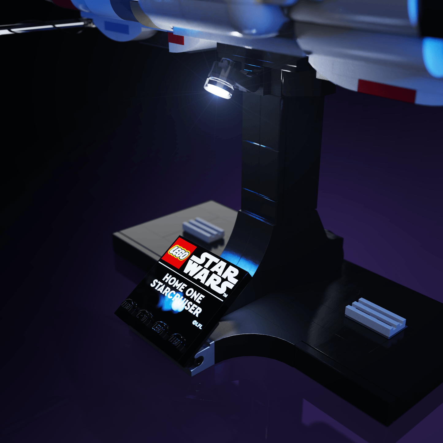 lighting kit for LEGO Star Wars Home One Starcruiser adds illuminated windows interiors and detail to the finished build for shelf display