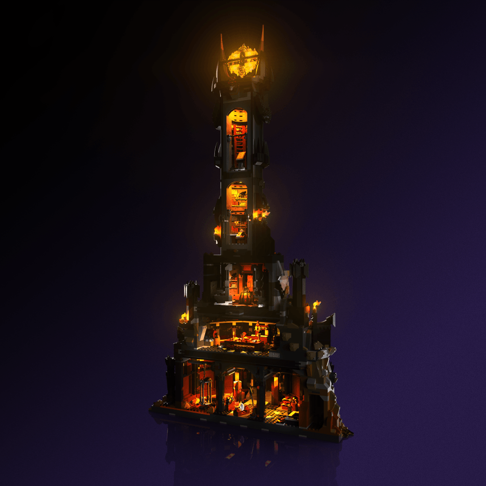light kit for the LEGO The Lord of the Rings: Barad-dur build illuminates structural depth windows and decorative detail for display