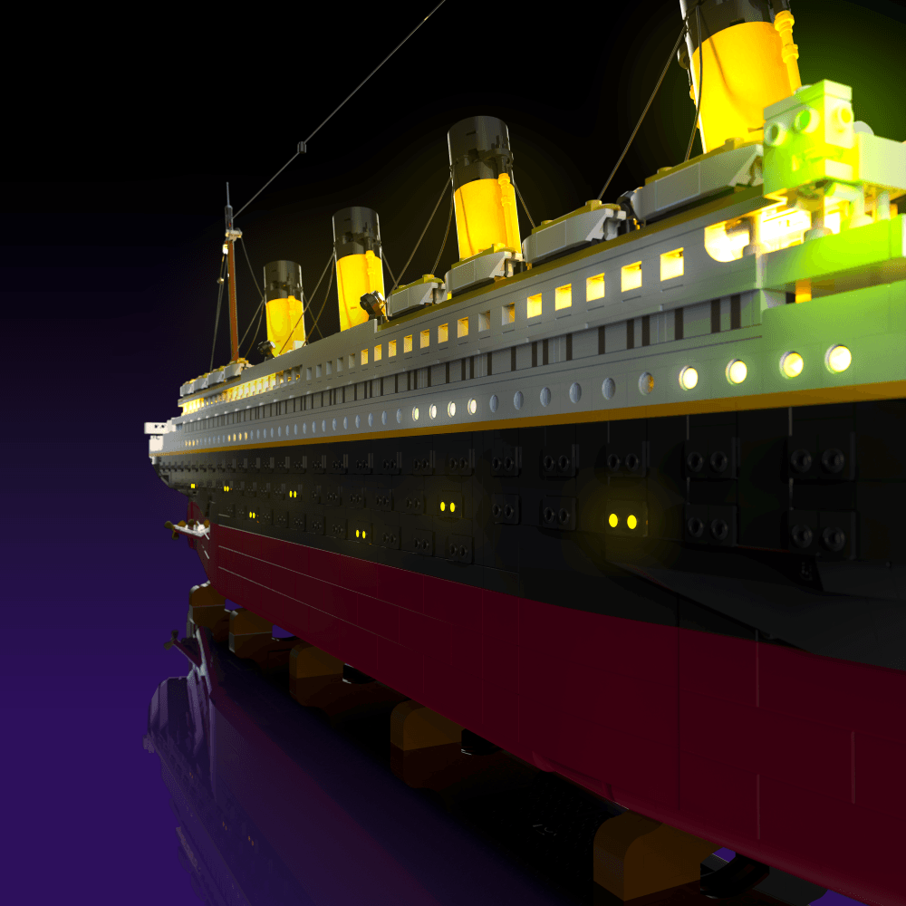 light kit for the LEGO Titanic build illuminates structural depth windows and decorative detail for display