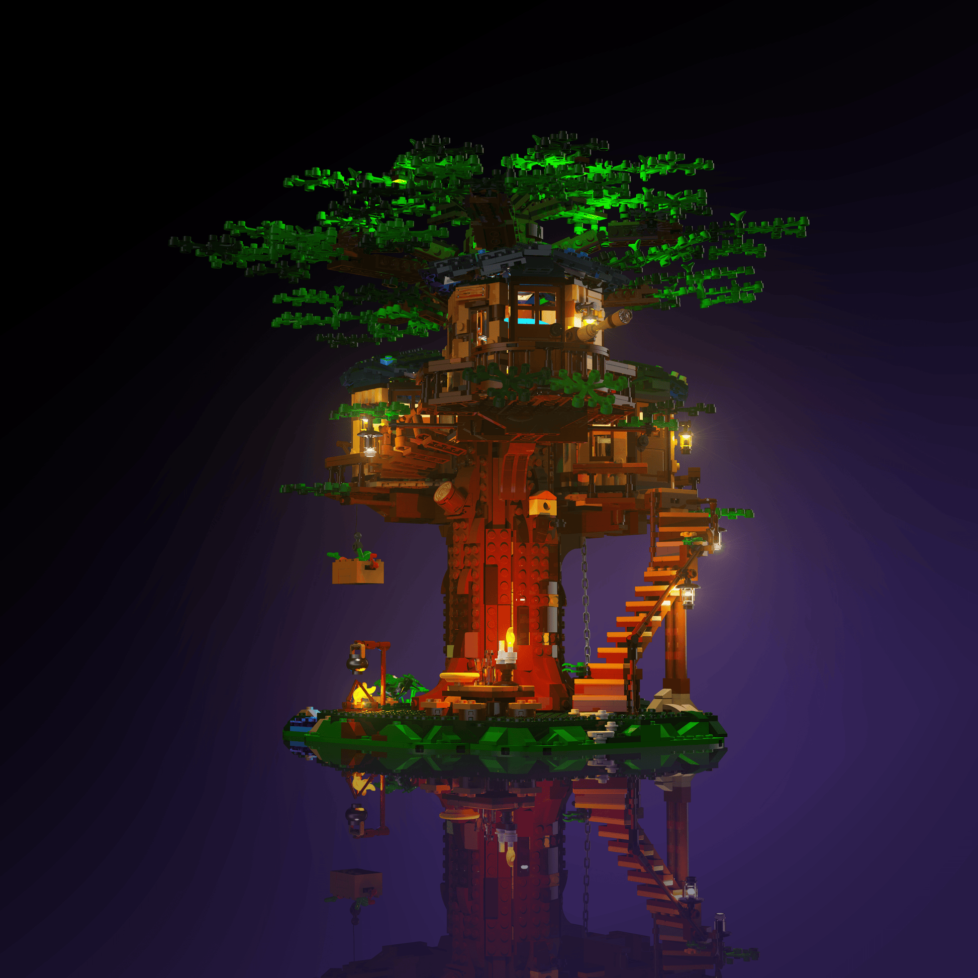 light kit for the LEGO Tree House build illuminates structural depth windows and decorative detail for display