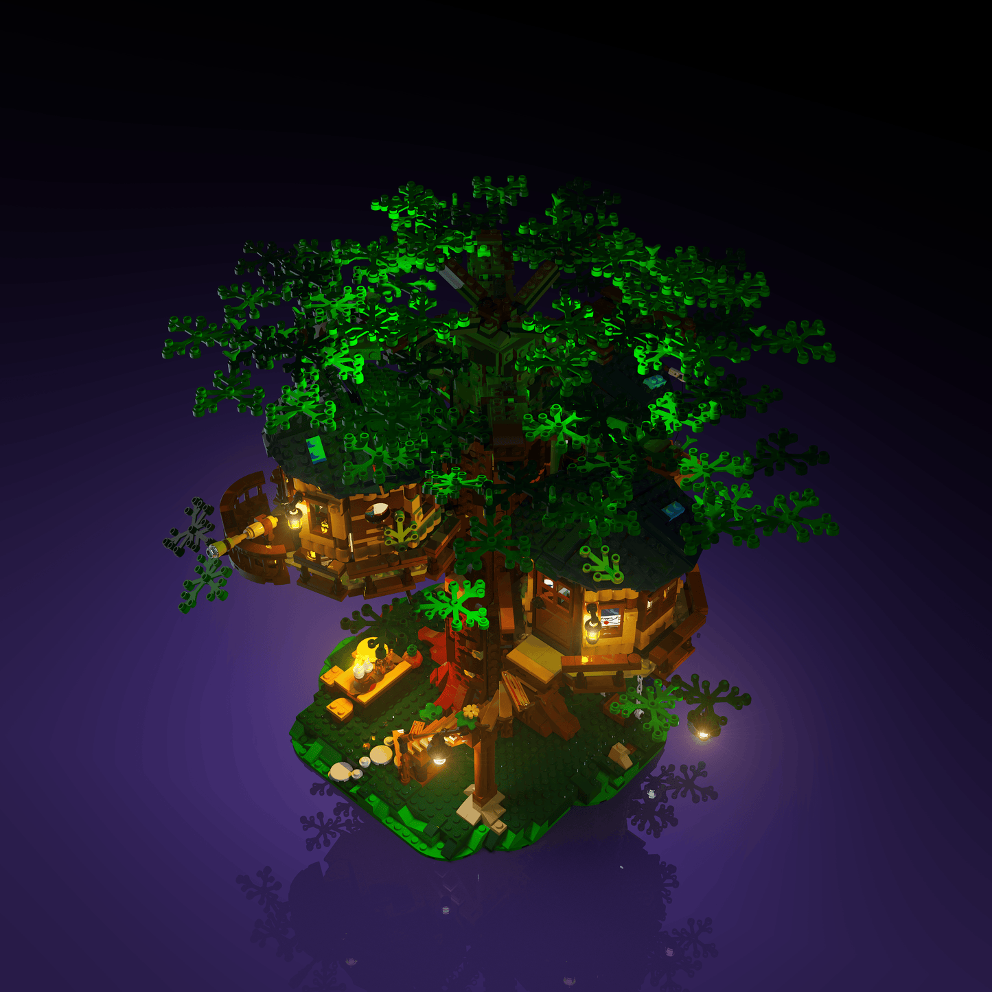 lighting kit for LEGO Tree House adds illuminated windows interiors and detail to the finished build for shelf display