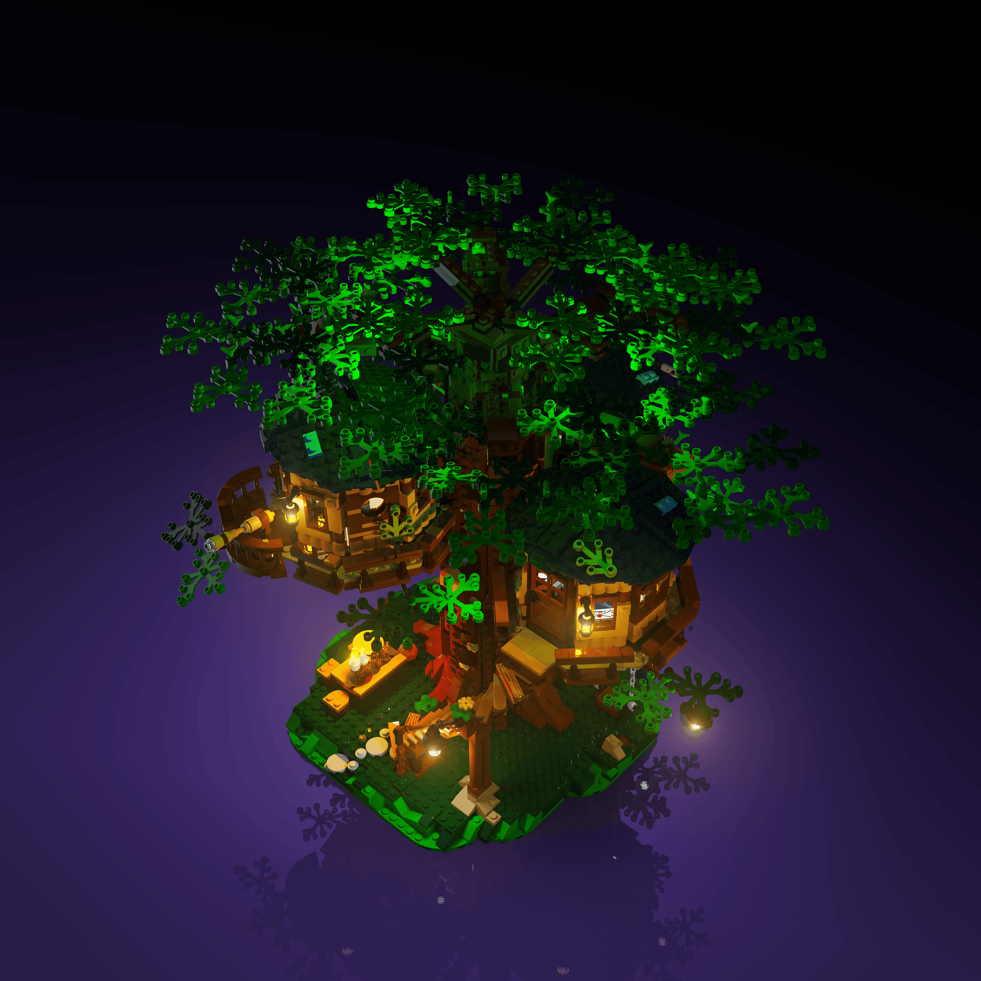 lighting kit for LEGO Tree House adds illuminated windows interiors and detail to the finished build for shelf display