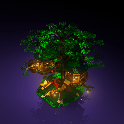 lighting kit for LEGO Tree House adds illuminated windows interiors and detail to the finished build for shelf display